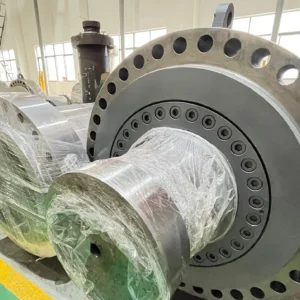 Industrial cylinder with flanged mounting and plastic-covered rod.