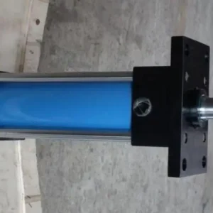 Single tie-rod cylinder with blue barrel and black mounting plates.