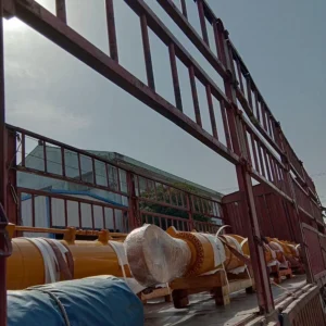 Yellow telescopic cylinders in truck container with bands
